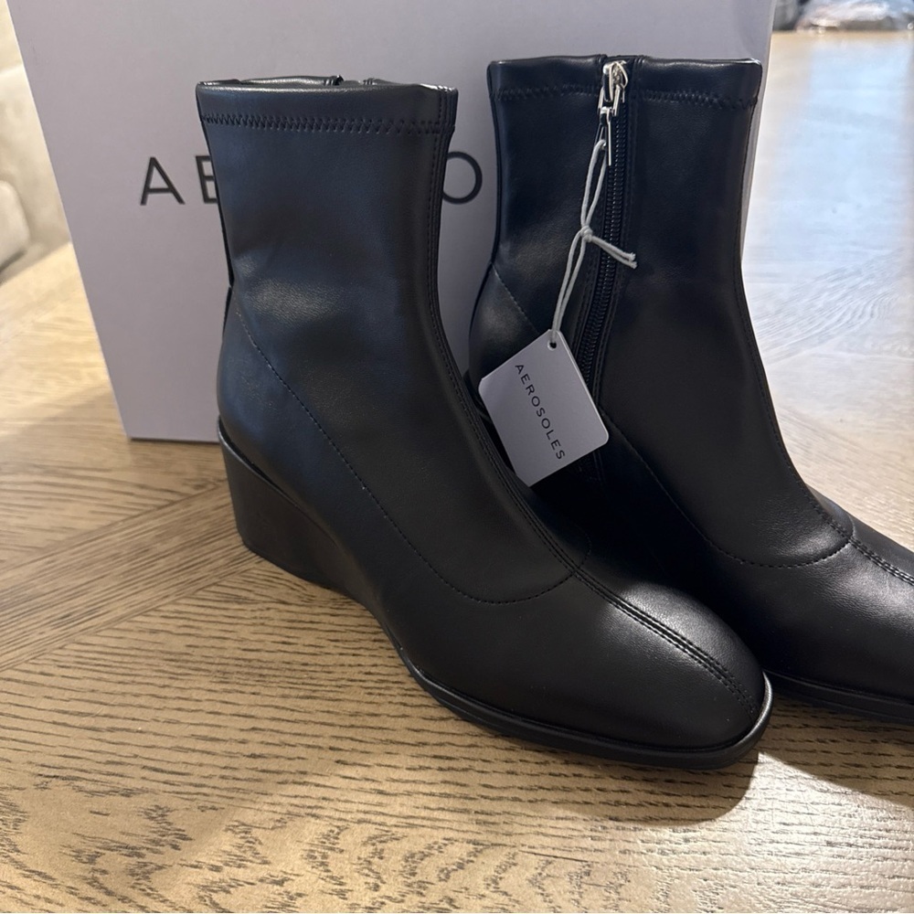 Aerosoles Women's Anouk Mid Calf Boot Black Stretch Faux Leather 7 - NEW
